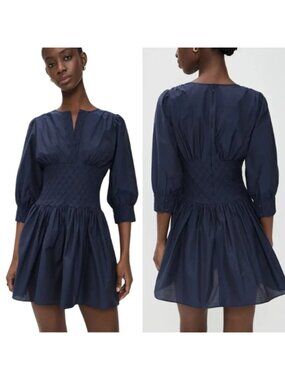 NEW Hunter Bell Siri Diamond Smocked Waist Split Neck Mini Dress Blue Size: 8